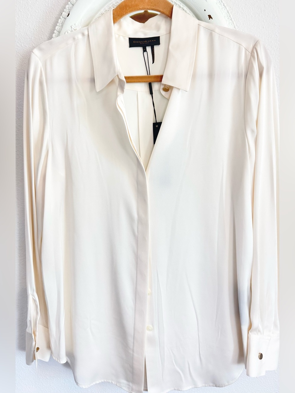 NWT Donna Karan Black Label Cream Silk with Stretch Button Up Blouse & Cami M